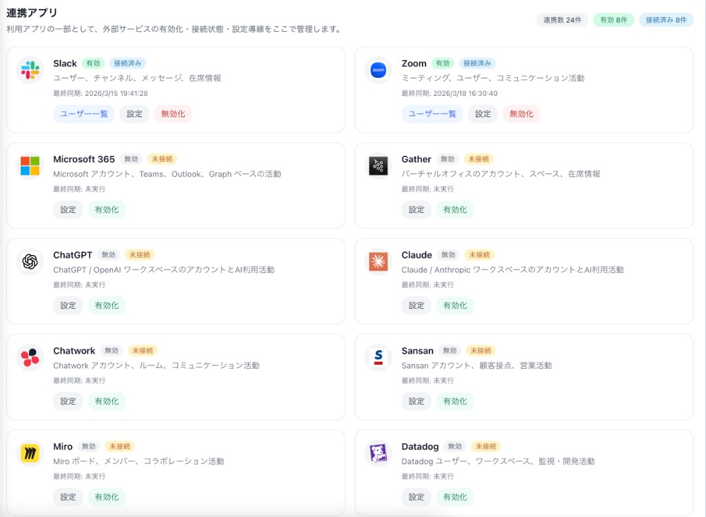 20以上の連携アプリ一覧と接続状態